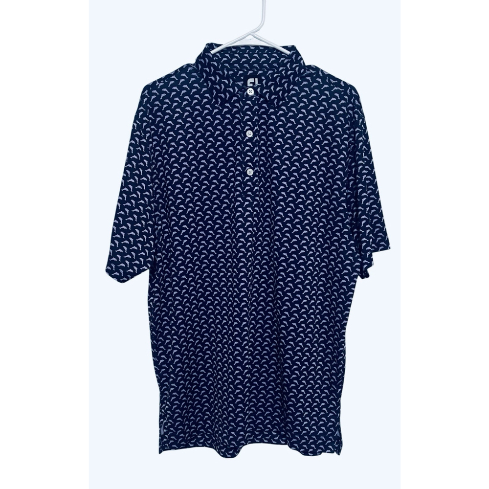 FootJoy Polo Golf Shirt Men’s Medium Navy Dolphin All Over Print Stretch Logo